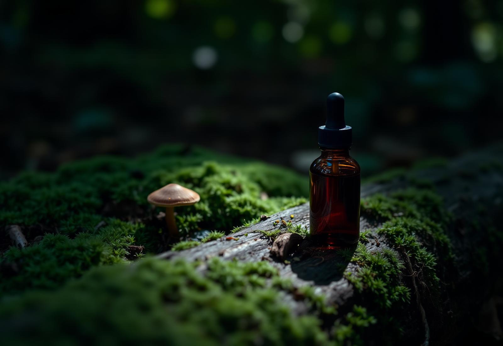 Amber Pure Mycelium tincture bottle resting on a mossy forest log